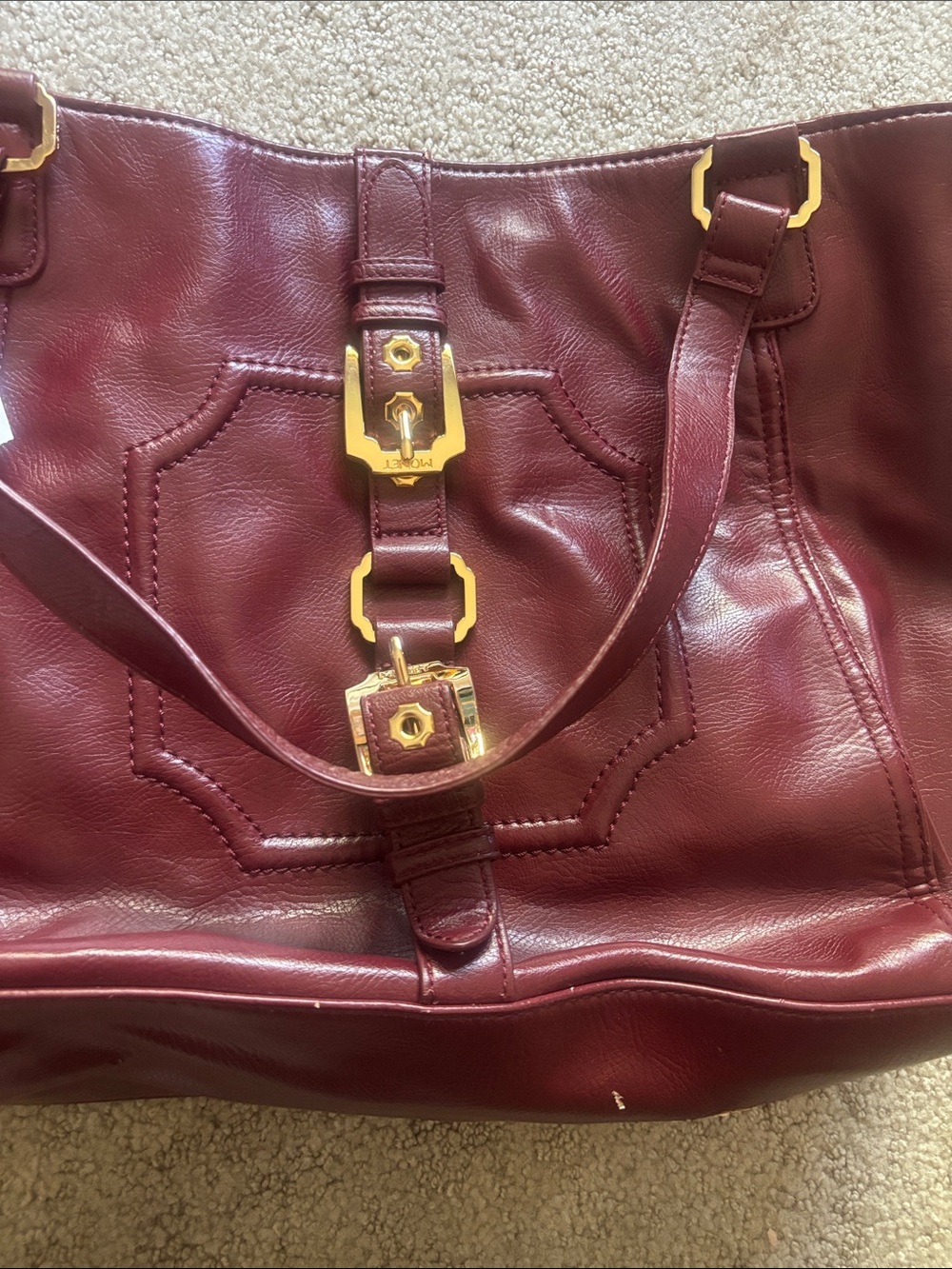 Monet Burgundy Tote with Gold-Tone Buckle Accents
